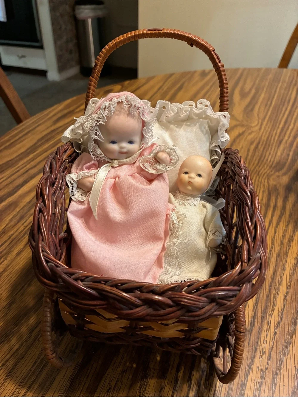 Antique like Wicker Basket with Pink & Cream Baby Doll Set1980-2000